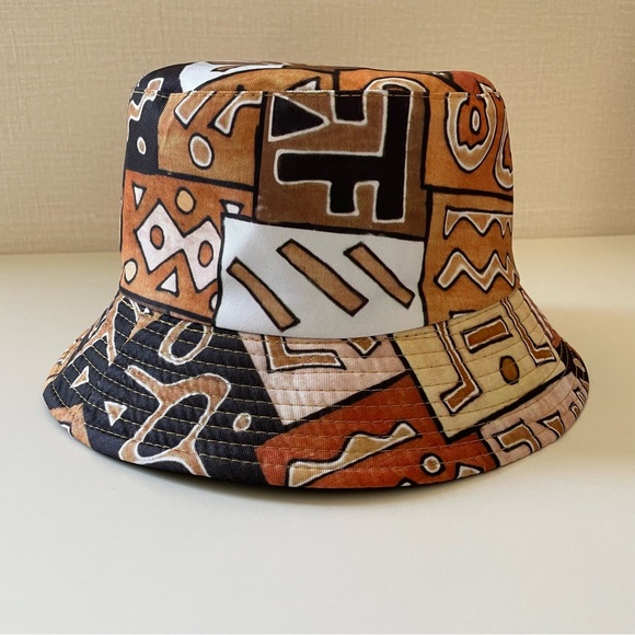 Earth Tone Polynesian Tiki Tropical Print Bucket Hat, Reversible, Unisex… - Picture 5 of 6